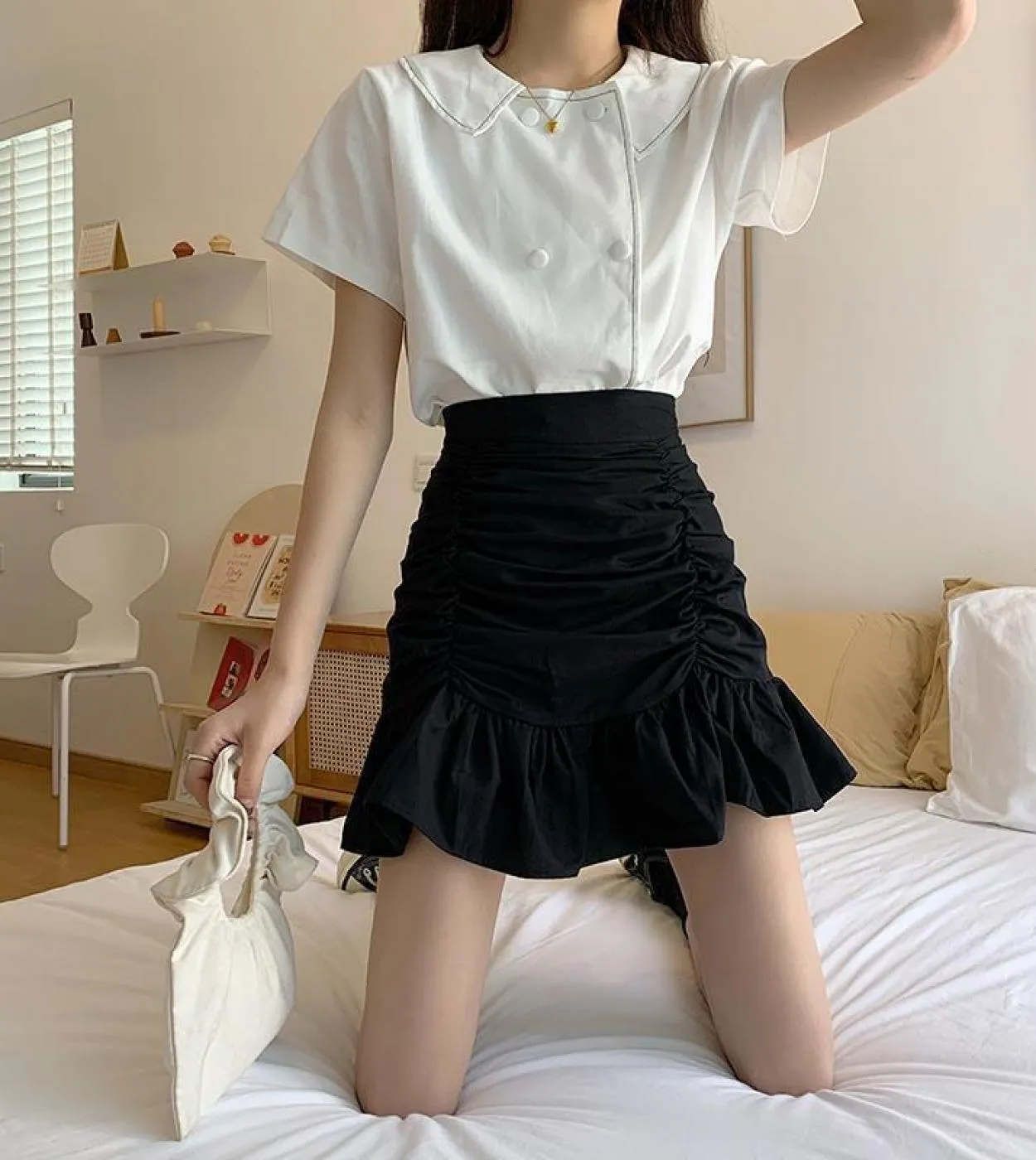 2022 A Vita Alta Pieghe Aline Gonna Nera Delle Donne di Estate Breve Kawaii Mini Gonna Donna Vestiti Faldas Mujer Moda Gonne