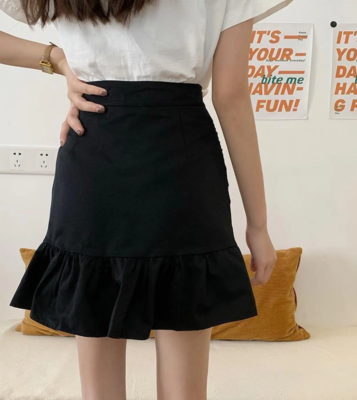 2022 A Vita Alta Pieghe Aline Gonna Nera Delle Donne di Estate Breve Kawaii Mini Gonna Donna Vestiti Faldas Mujer Moda Gonne