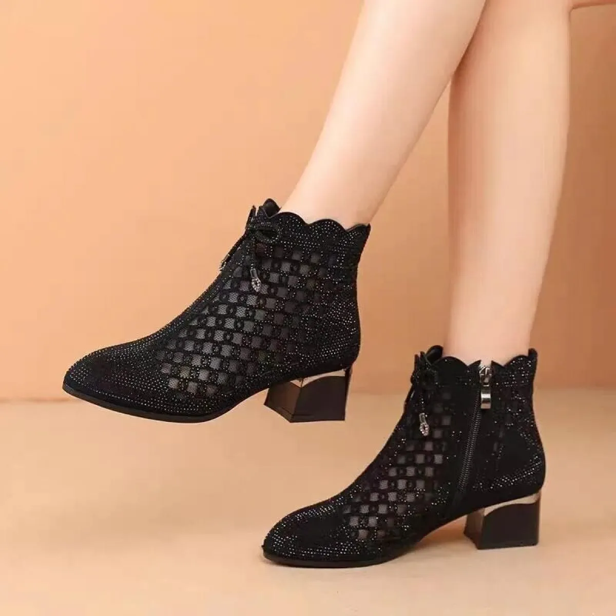 2023 Estate Traspirante Pizzo Tacchi Alti da Donna Moda Maglia A Punta Stivali da Donna Tacco Quadrato Scarpe con Cerniera Later