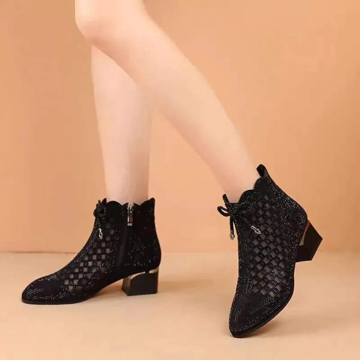 2023 Estate Traspirante Pizzo Tacchi Alti da Donna Moda Maglia A Punta Stivali da Donna Tacco Quadrato Scarpe con Cerniera Later