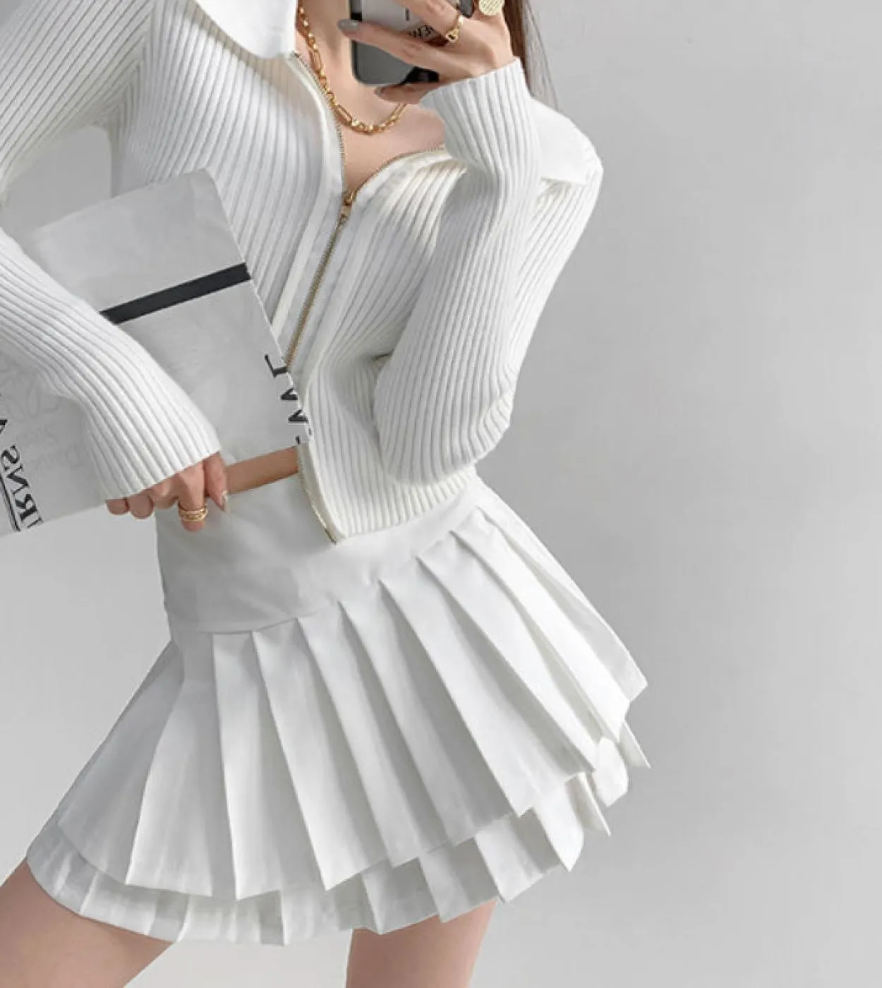 2023 gonna a pieghe doppia stile preppy estate donna casual vita alta minigonna a linea solida  gonna ragazza
