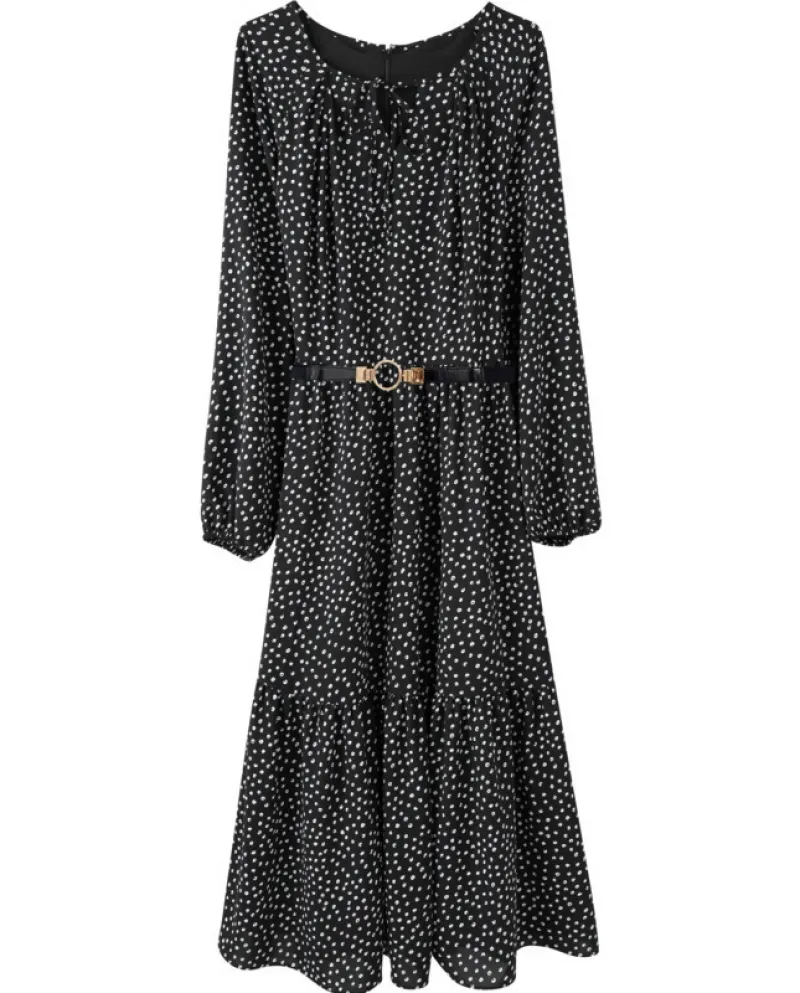 Abito a maniche lunghe a pois Autunno Nuova gonna a pieghe in chiffon con scollo a V Gonna di media lunghezza
