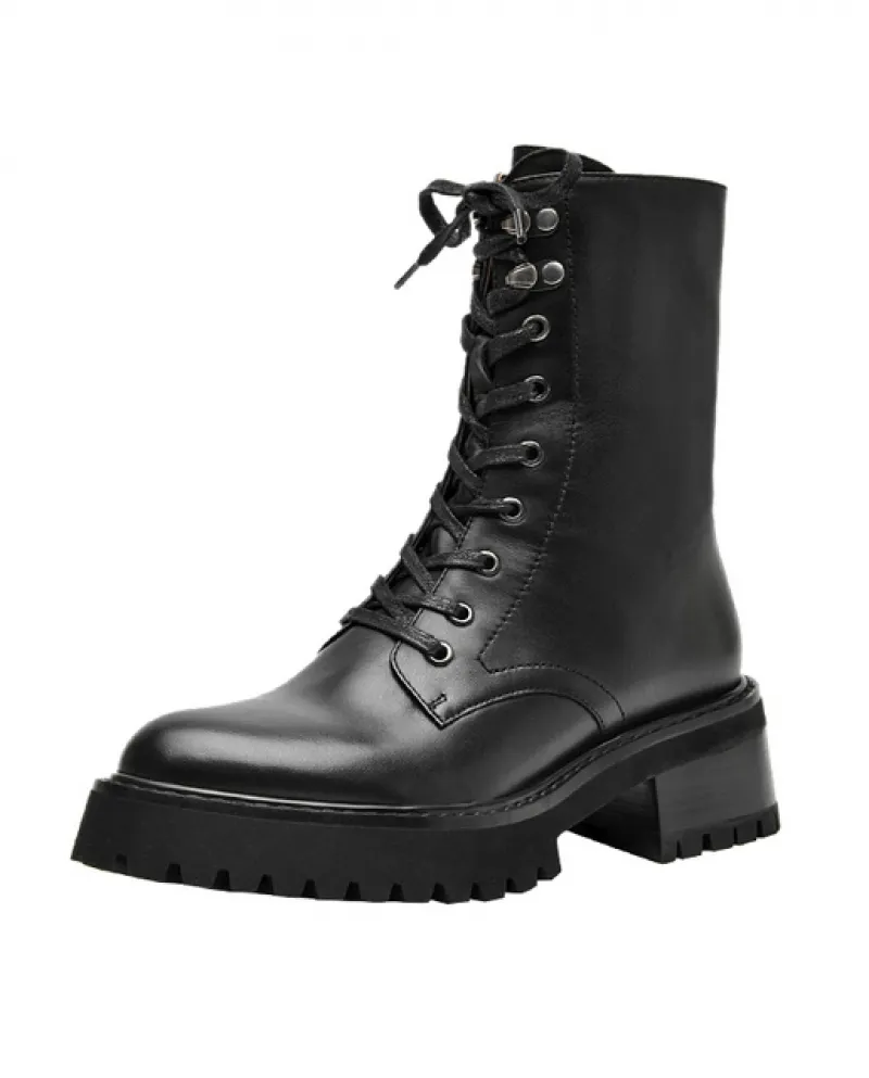 Beautoday Stivali da Moto Donna Pelle di Vitello Pelle Zip Con Lacci Punta Rotonda Alla Caviglia Moda Donna Piattaforma Scarpe H