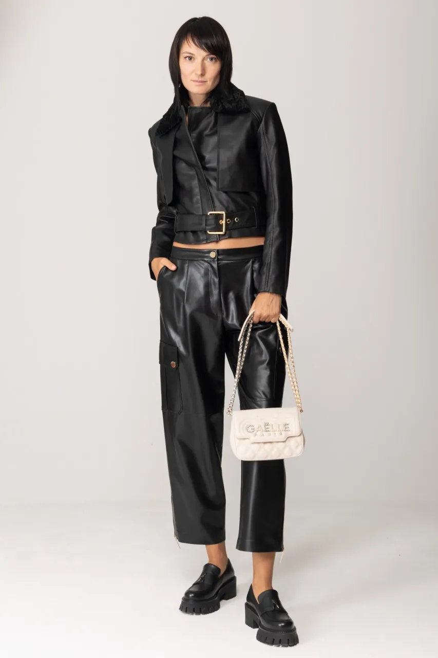 Biker in pelle con colletto in velluto NERO LIMOUSINE