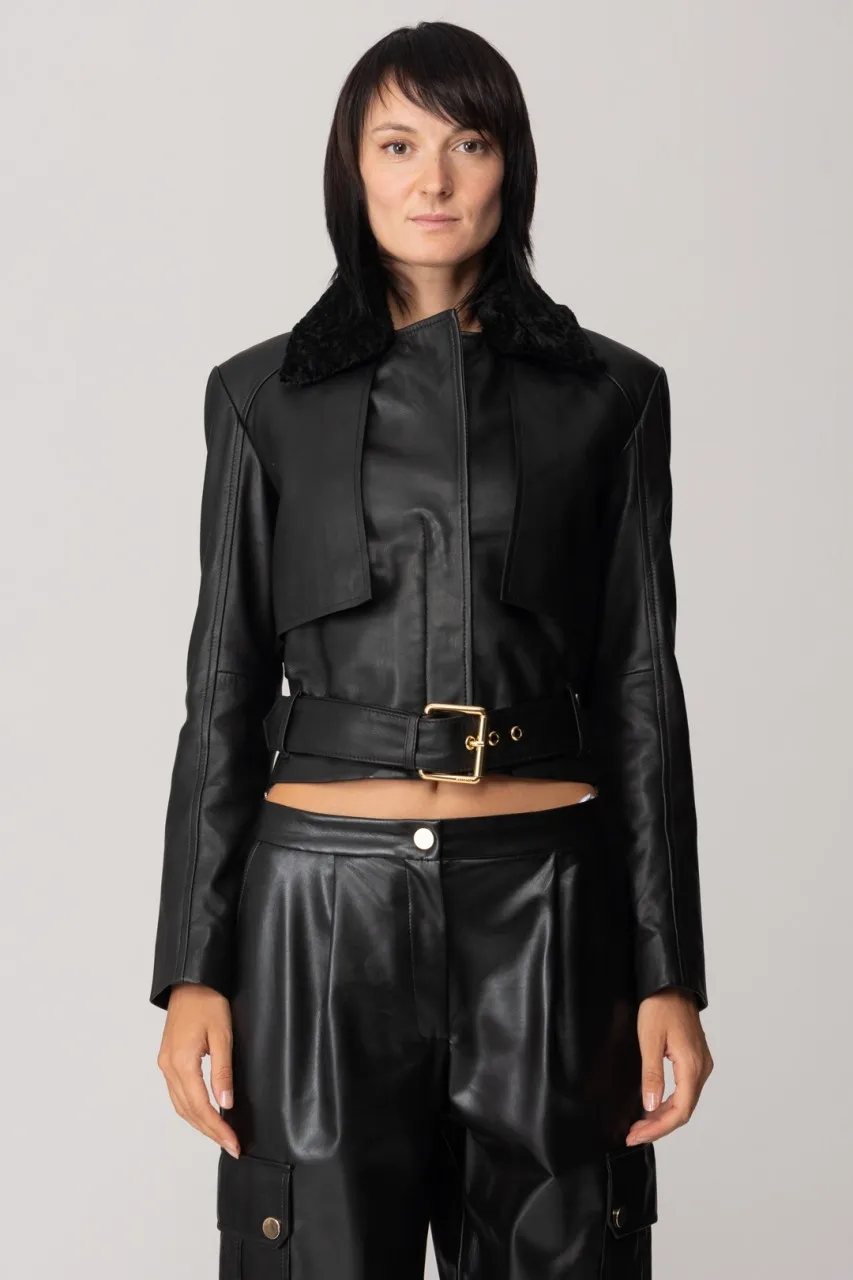 Biker in pelle con colletto in velluto NERO LIMOUSINE