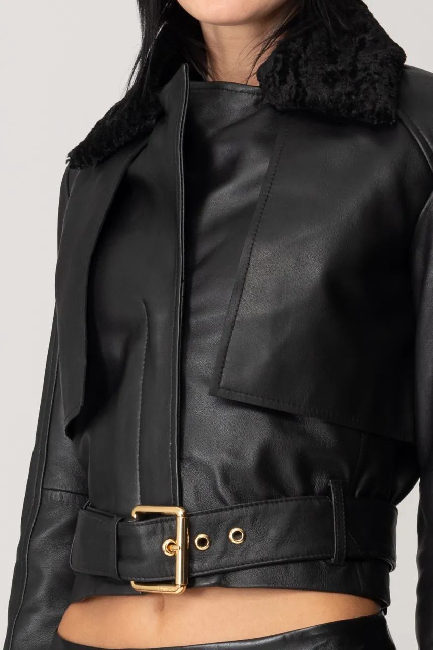 Biker in pelle con colletto in velluto NERO LIMOUSINE