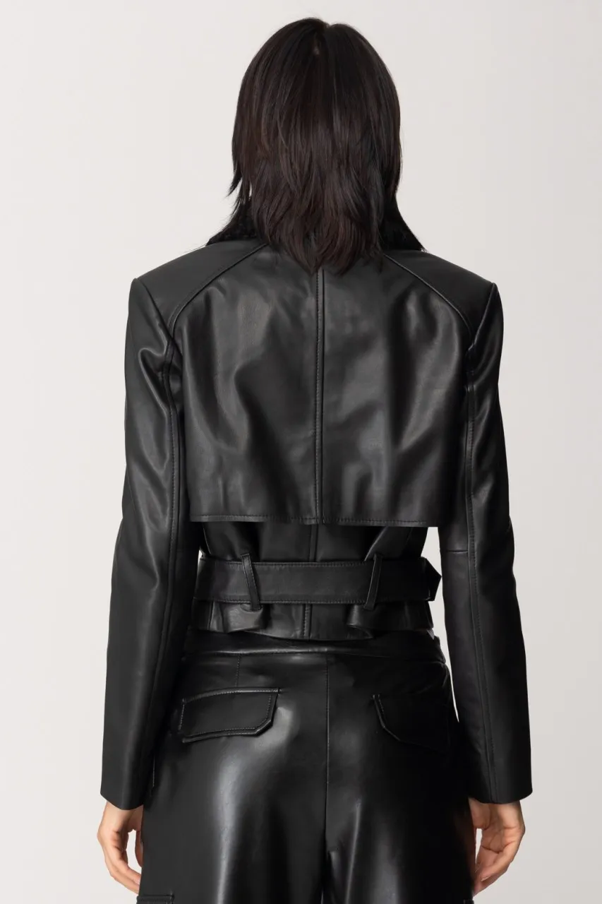 Biker in pelle con colletto in velluto NERO LIMOUSINE