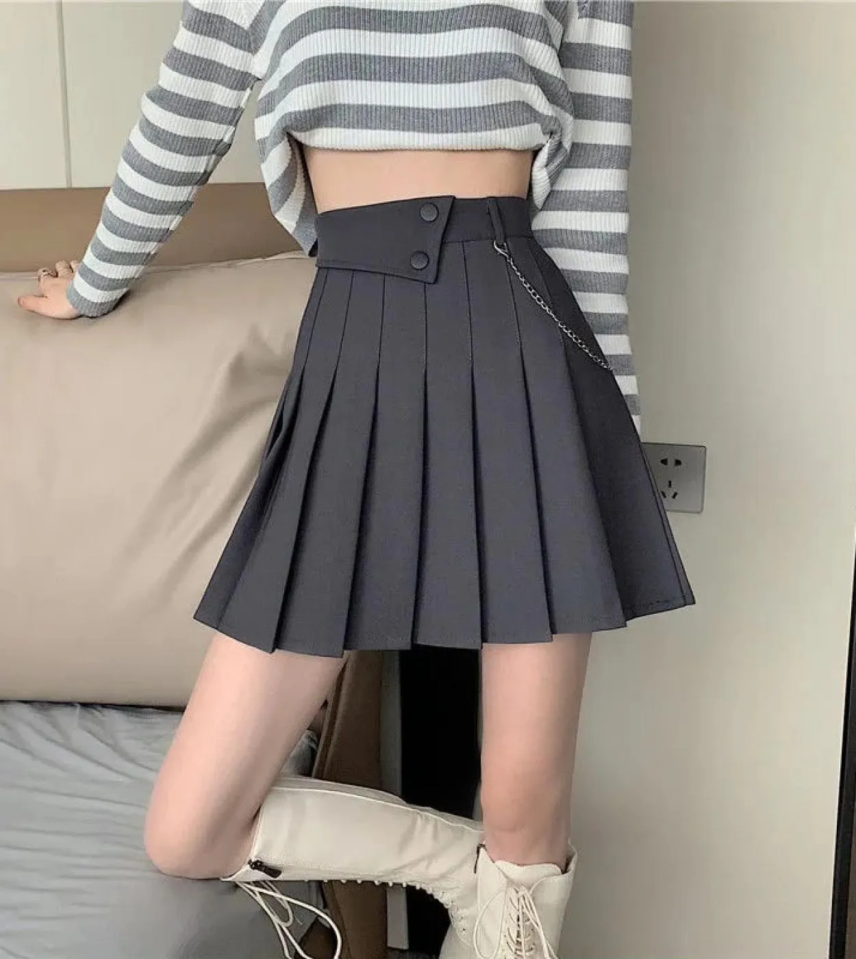 Bottone Harajuku Elegante gonna a pieghe a vita alta da donna Moda stile casual Minigonne Gonne estive per le donne Skir