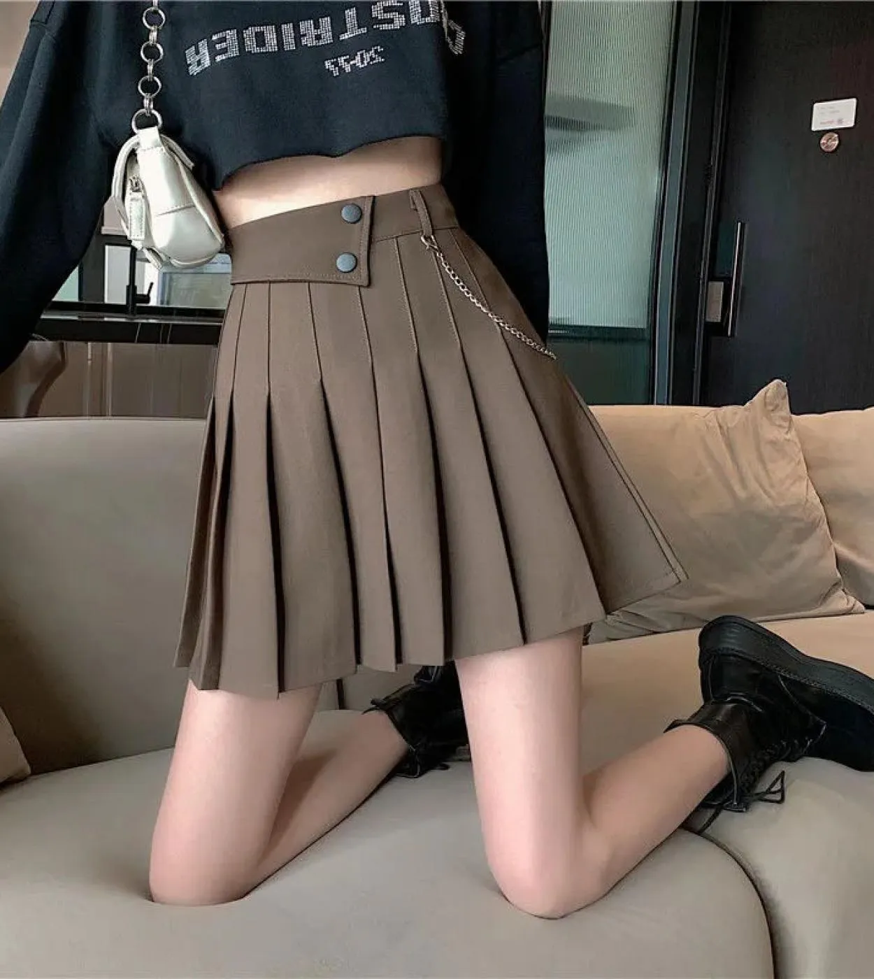 Bottone Harajuku Elegante gonna a pieghe a vita alta da donna Moda stile casual Minigonne Gonne estive per le donne Skir
