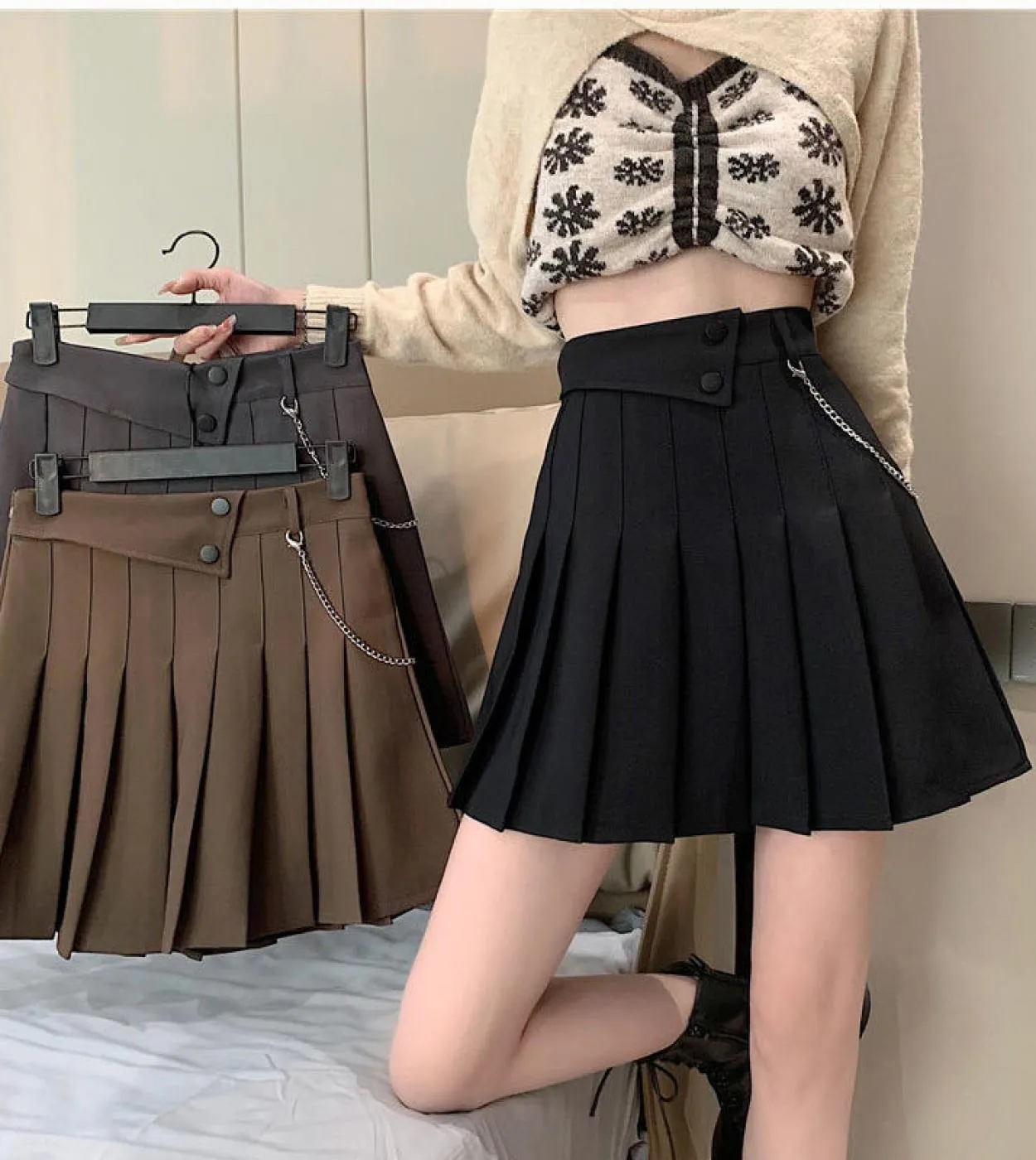 Bottone Harajuku Elegante gonna a pieghe a vita alta da donna Moda stile casual Minigonne Gonne estive per le donne Skir