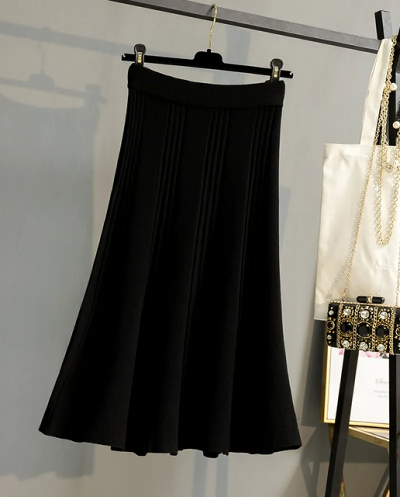 Bygouby Gonna Lunga da Donna in Maglia Autunno Inverno Gonna a Pieghe a Vita Alta con Drappeggio Caldo e Caldo Elegante