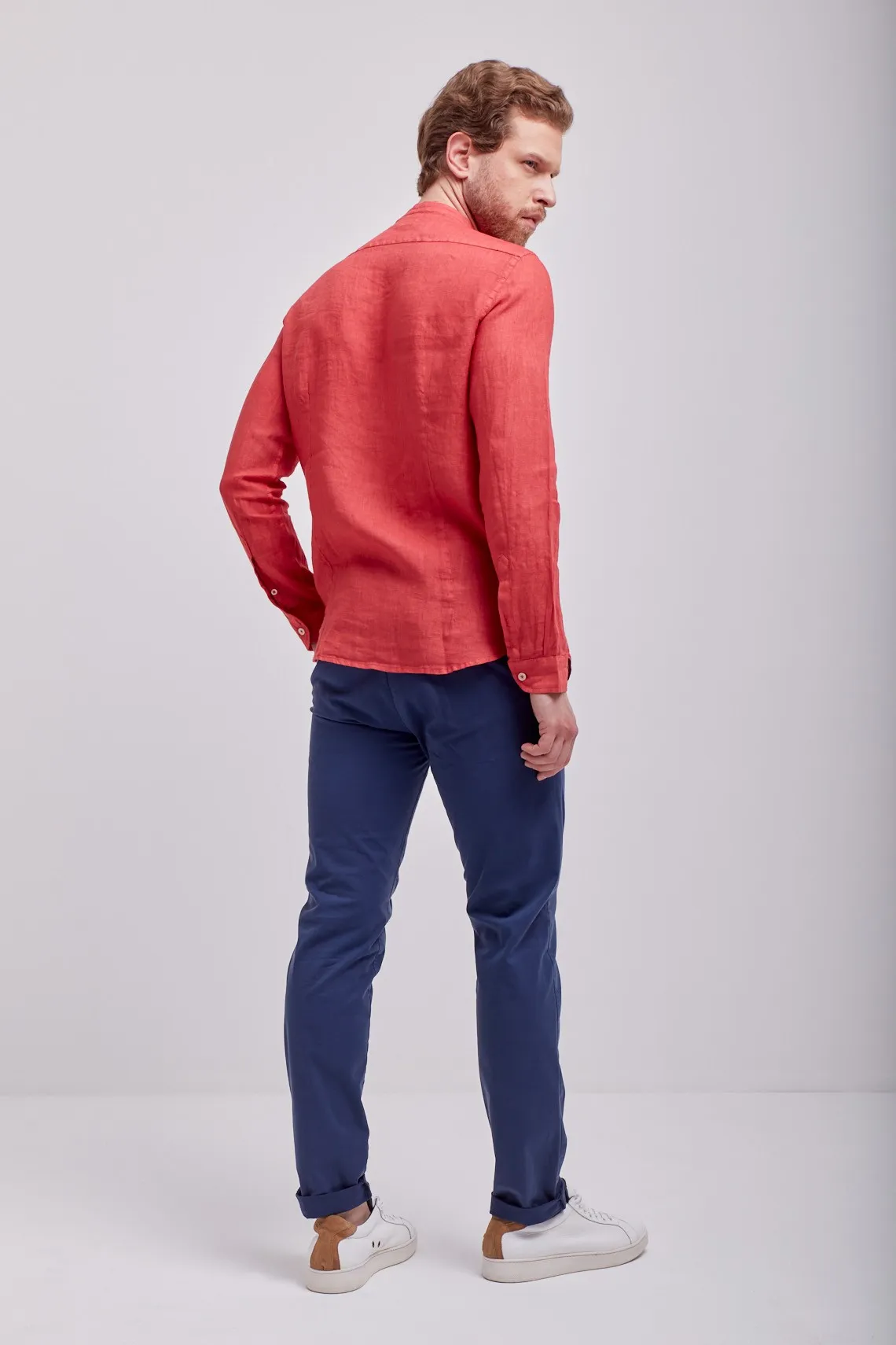 CAMICIA COLLO COREANO LINO ROSSA