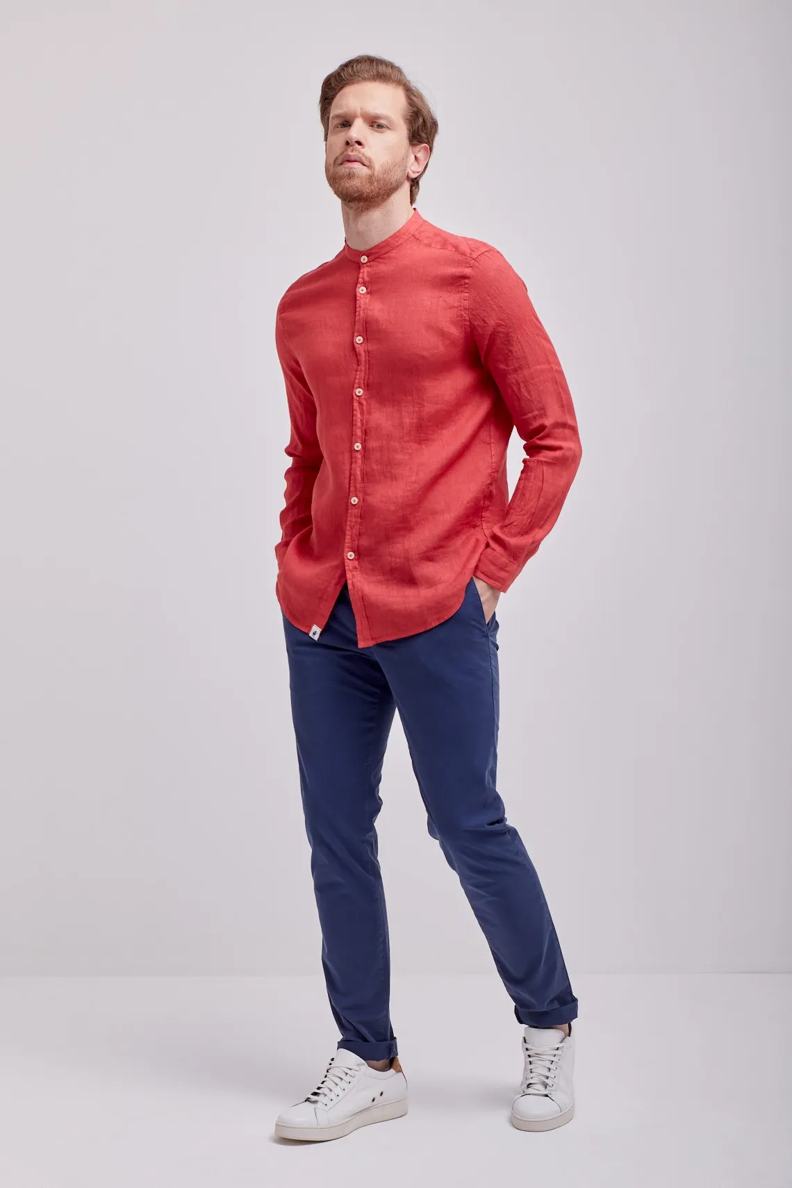 CAMICIA COLLO COREANO LINO ROSSA
