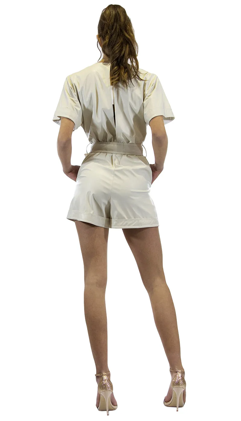 Denny Rose Tuta beige con shorts in similpelle. 111DD20010
