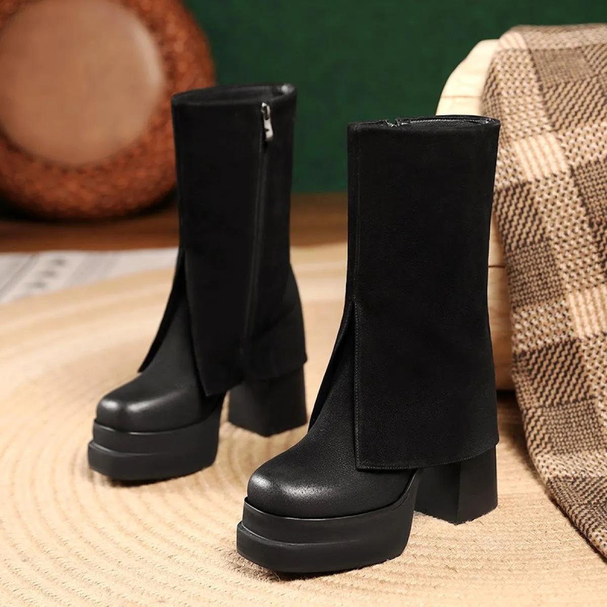 Design autunno inverno nuovo stivale a metà polpaccio tacco alto quadrato femminile piattaforma spessa cerniera stivali da donna