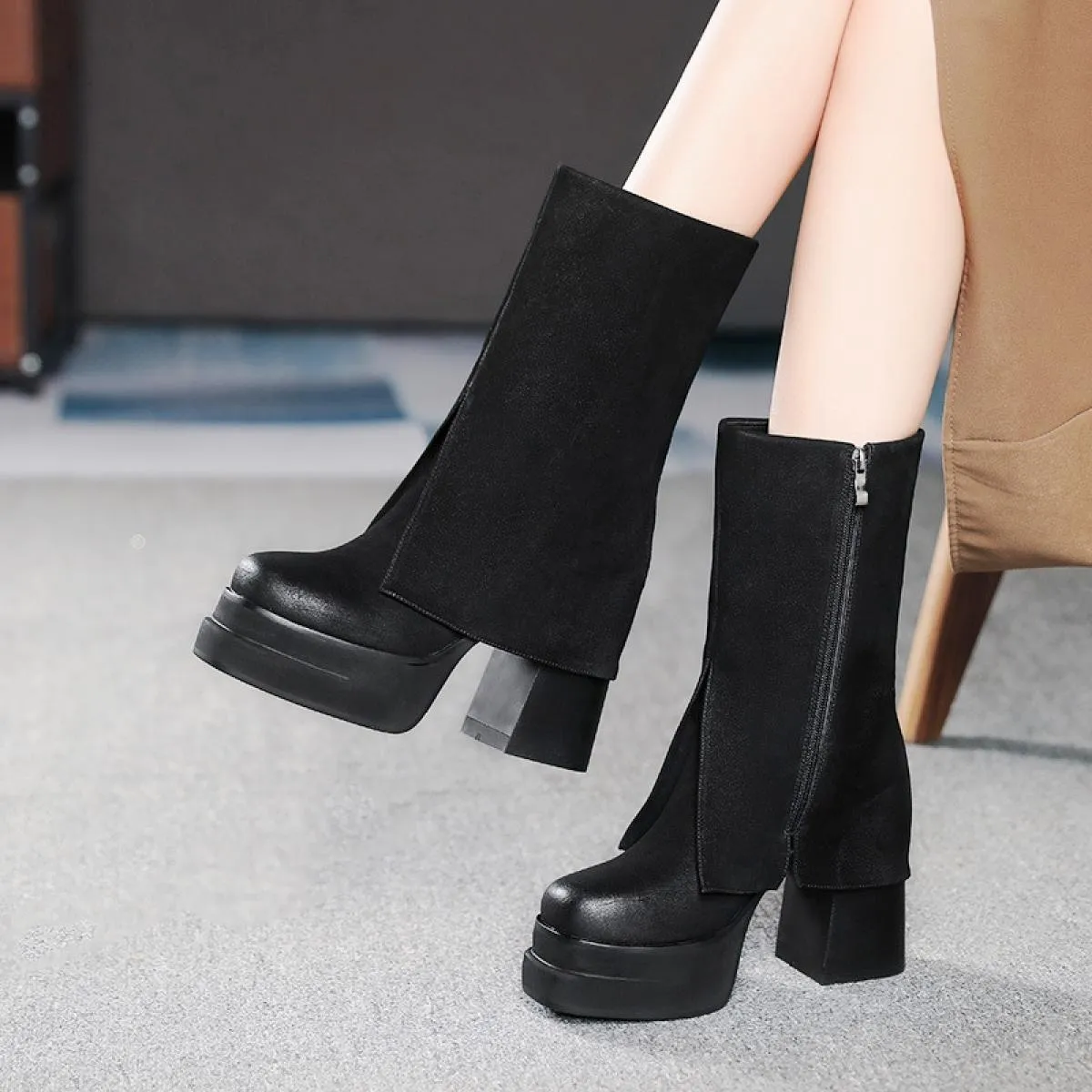 Design autunno inverno nuovo stivale a metà polpaccio tacco alto quadrato femminile piattaforma spessa cerniera stivali da donna