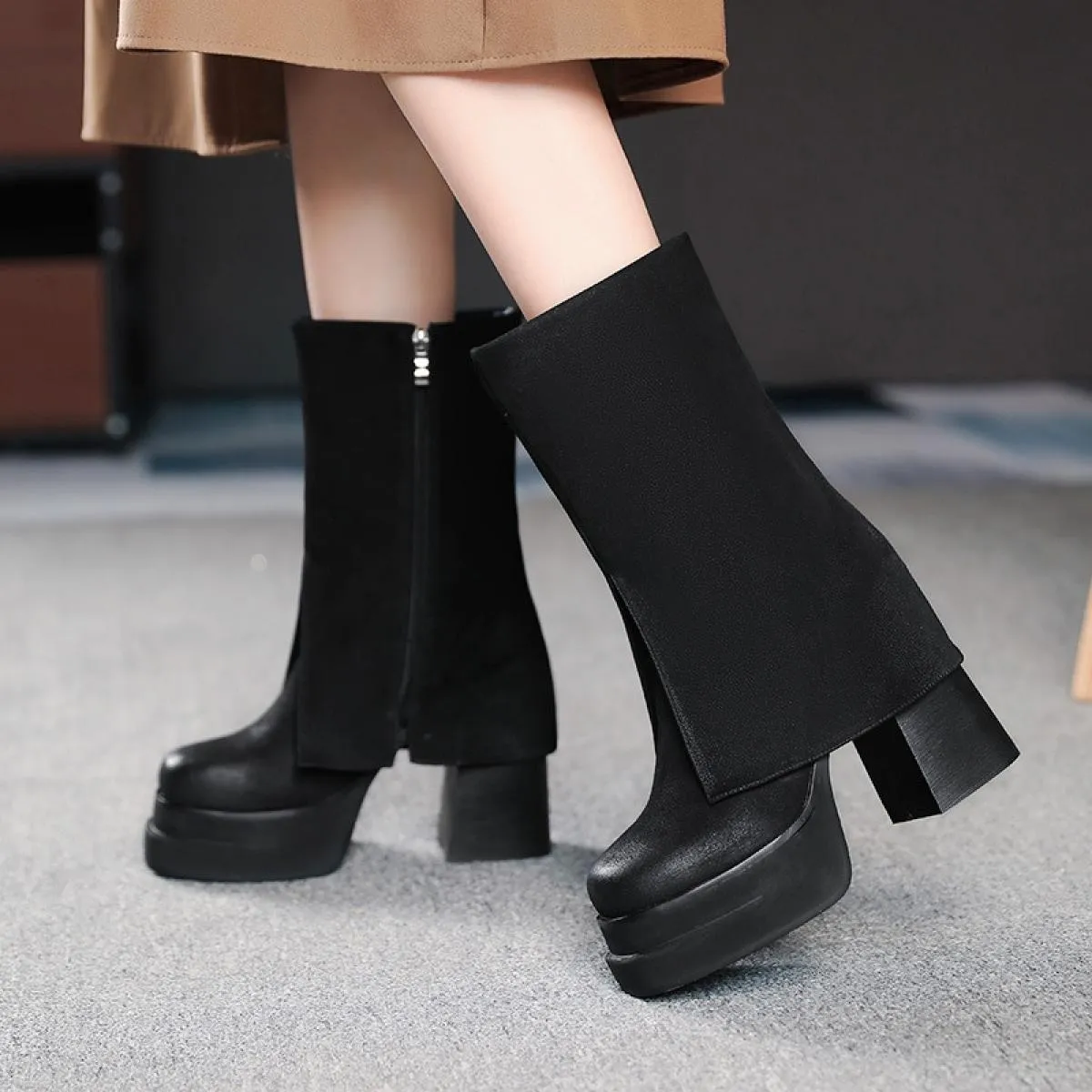 Design autunno inverno nuovo stivale a metà polpaccio tacco alto quadrato femminile piattaforma spessa cerniera stivali da donna