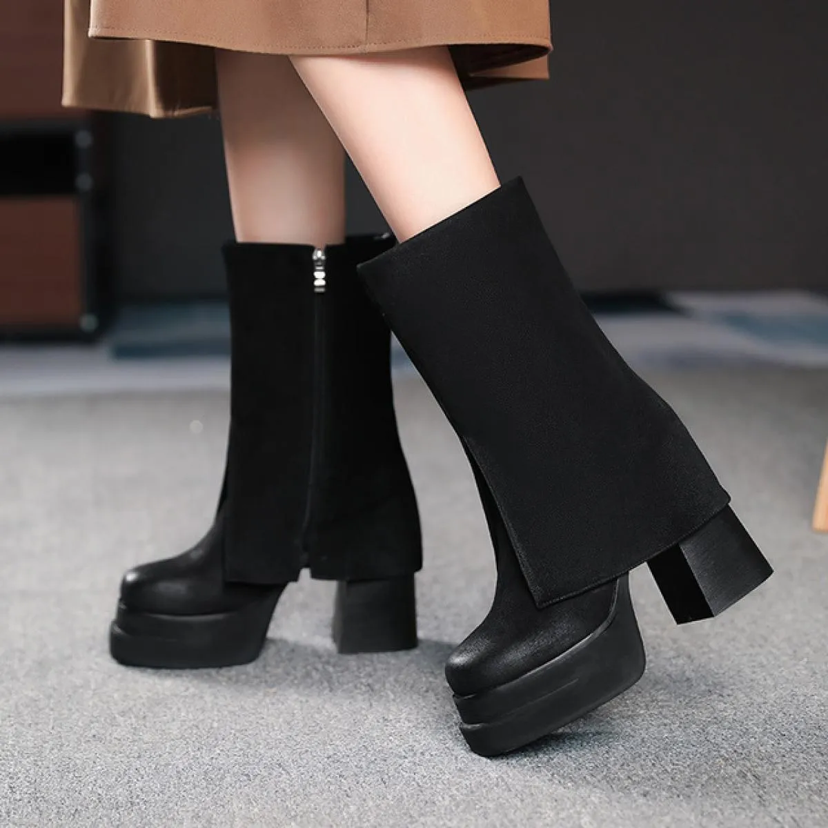 Design autunno inverno nuovo stivale a metà polpaccio tacco alto quadrato femminile piattaforma spessa cerniera stivali da donna