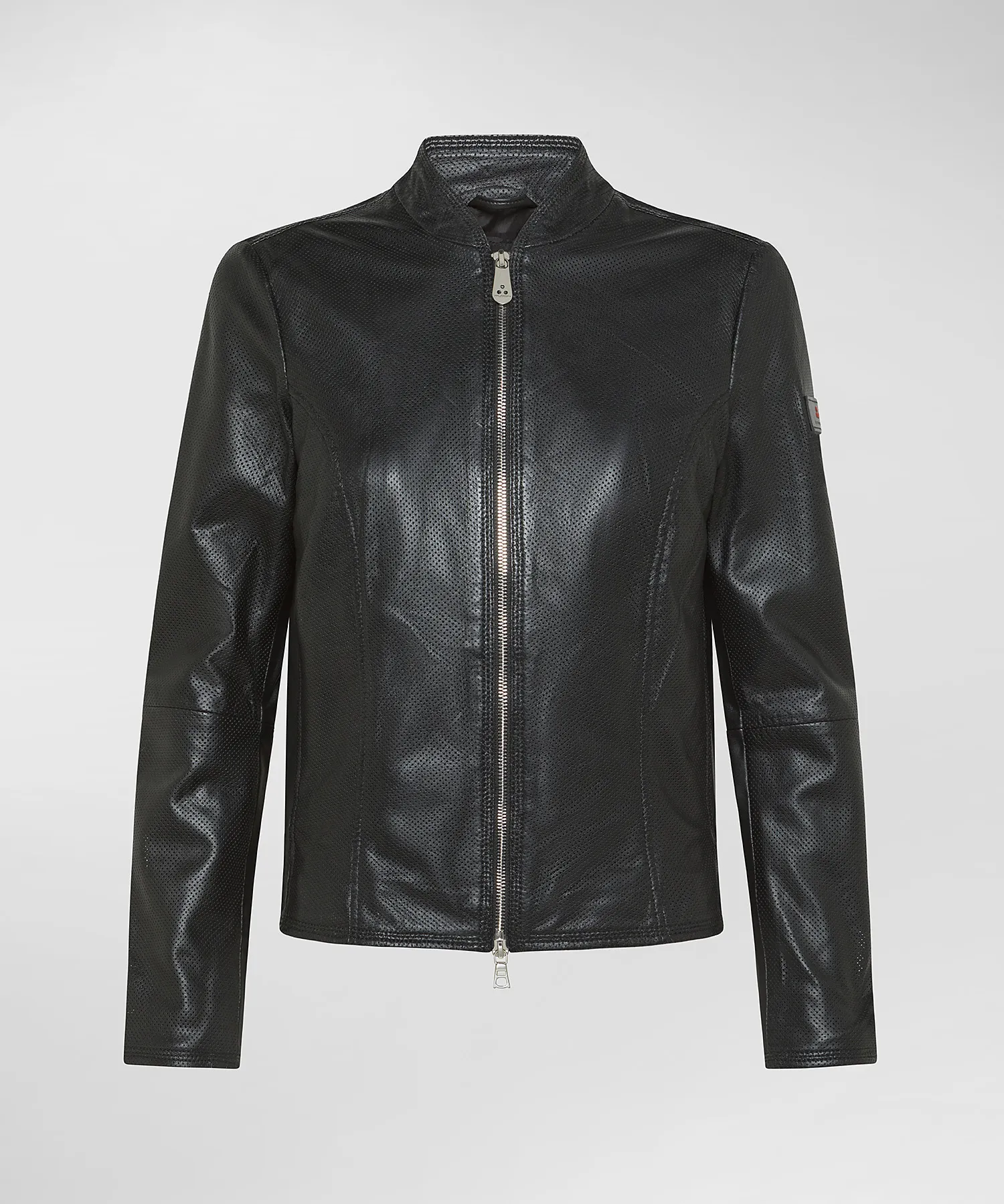 Giacca biker lucida in pelle traforata
