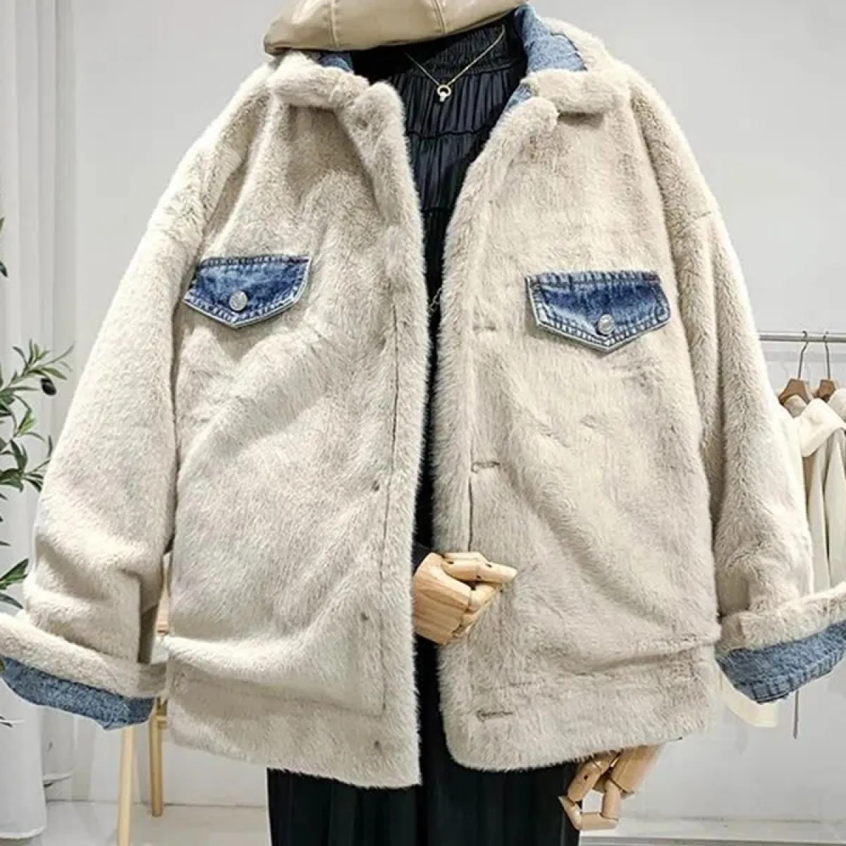 Giacca di jeans in pelliccia Giacca di jeans da donna Maniche in pelliccia Collo di pelliccia Giacche di jeans spesse