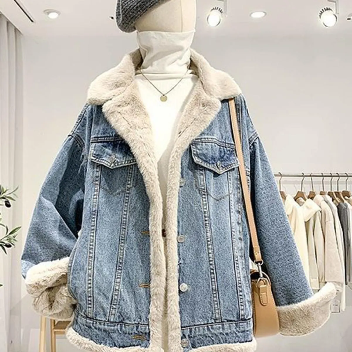 Giacca di jeans in pelliccia Giacca di jeans da donna Maniche in pelliccia Collo di pelliccia Giacche di jeans spesse