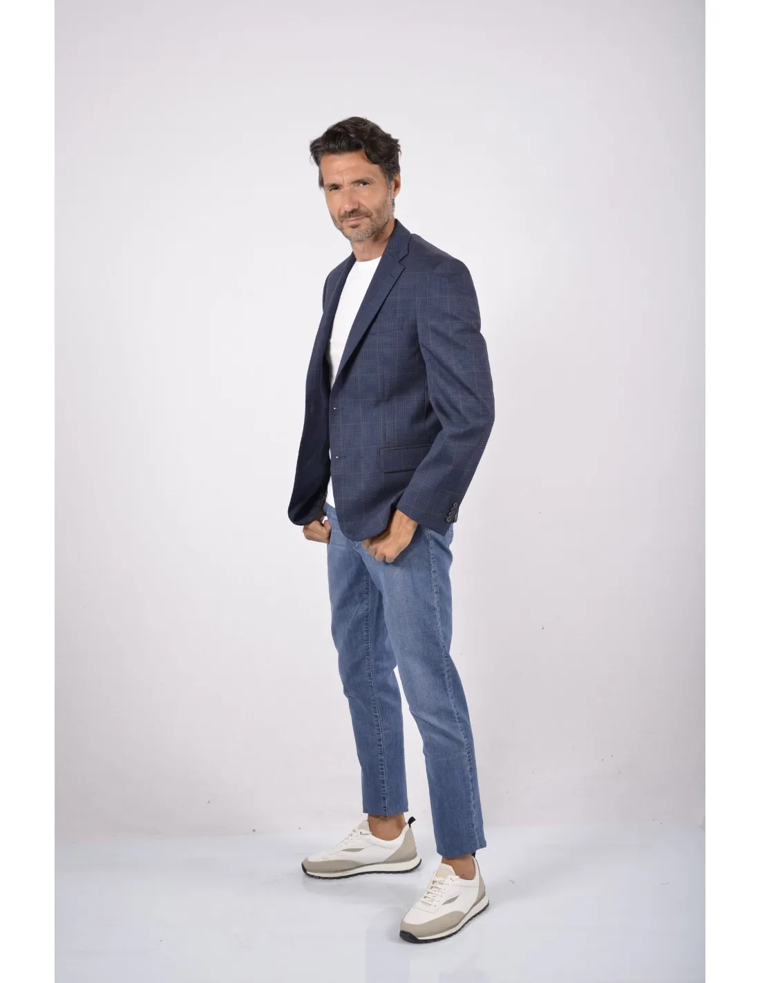 Giacca in lana microquadro blu principe galles