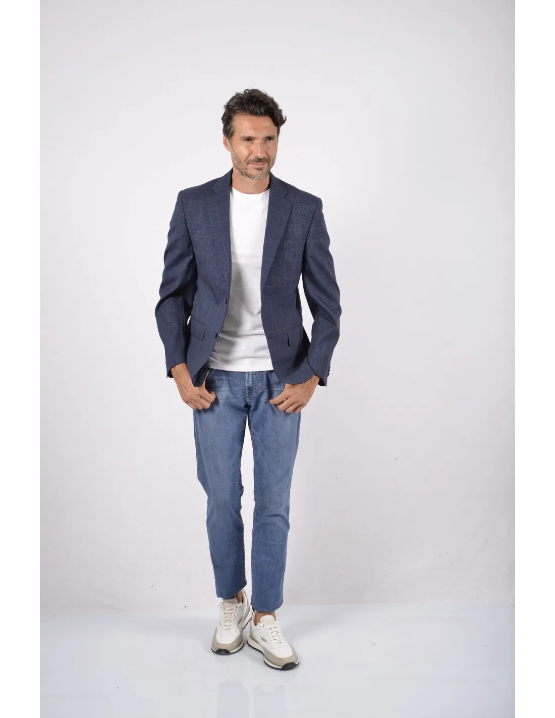 Giacca in lana microquadro blu principe galles