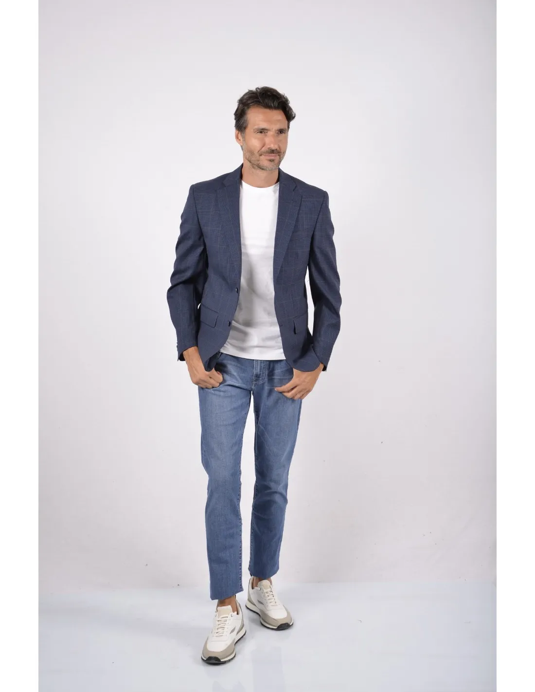 Giacca in lana microquadro blu principe galles
