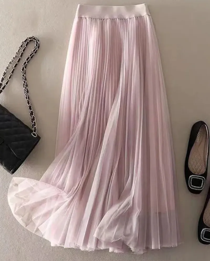 Gonna a pieghe in tulle da donna elegante Zoki Gonna a pieghe in tulle moda estiva marrone a rete da donna casual a vita alta ma