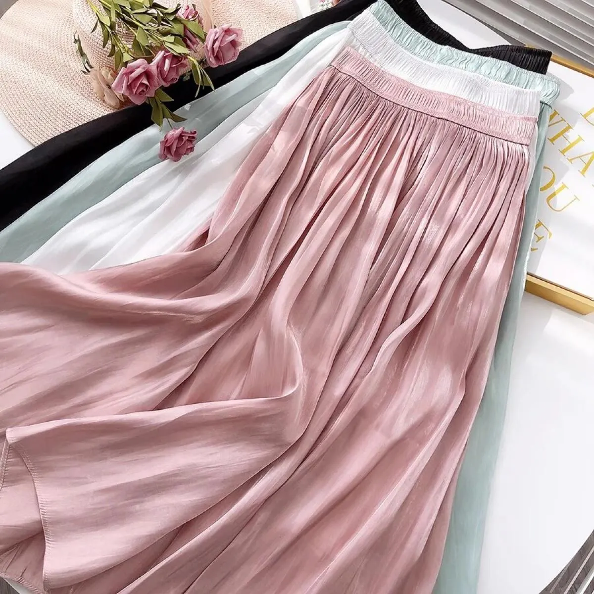 Gonna a pieghe morbida e sottile primavera estate per le donne Gonna midi lunga a vita alta Aline Gonna maxi Boho solida femmini