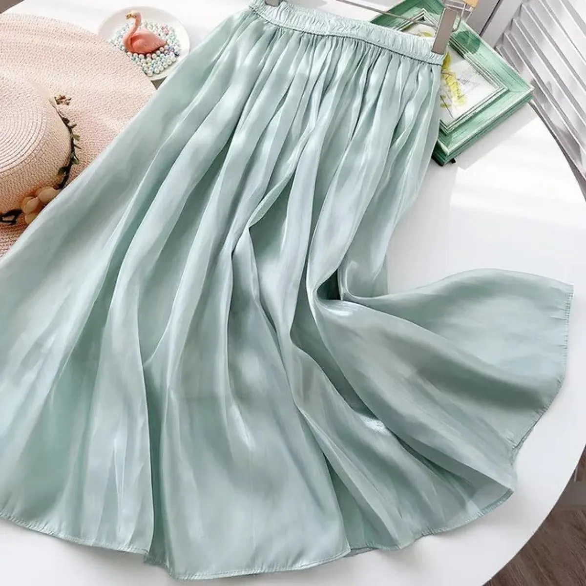 Gonna a pieghe morbida e sottile primavera estate per le donne Gonna midi lunga a vita alta Aline Gonna maxi Boho solida femmini