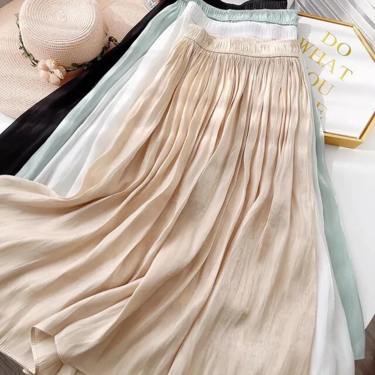 Gonna a pieghe morbida e sottile primavera estate per le donne Gonna midi lunga a vita alta Aline Gonna maxi Boho solida femmini