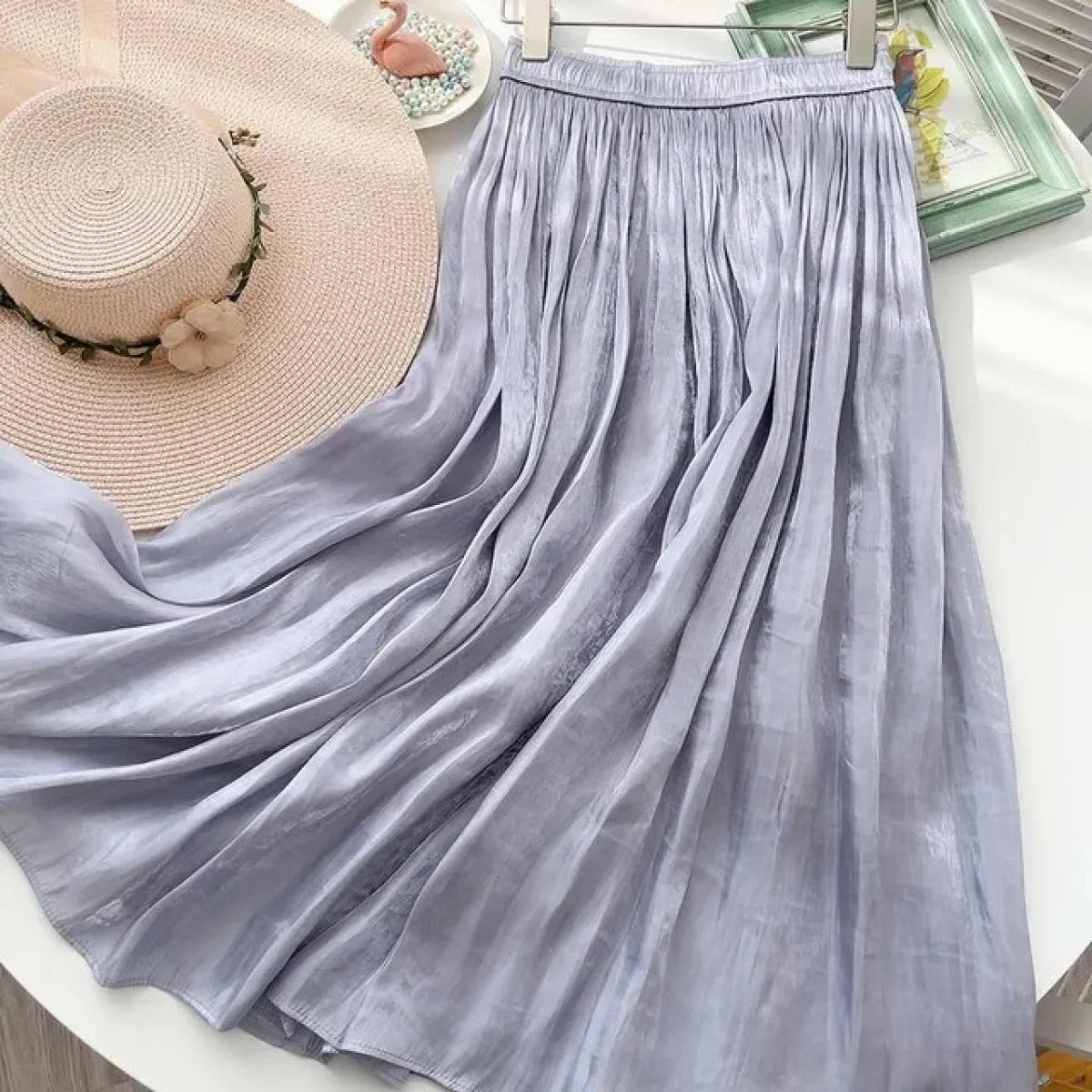 Gonna a pieghe morbida e sottile primavera estate per le donne Gonna midi lunga a vita alta Aline Gonna maxi Boho solida femmini