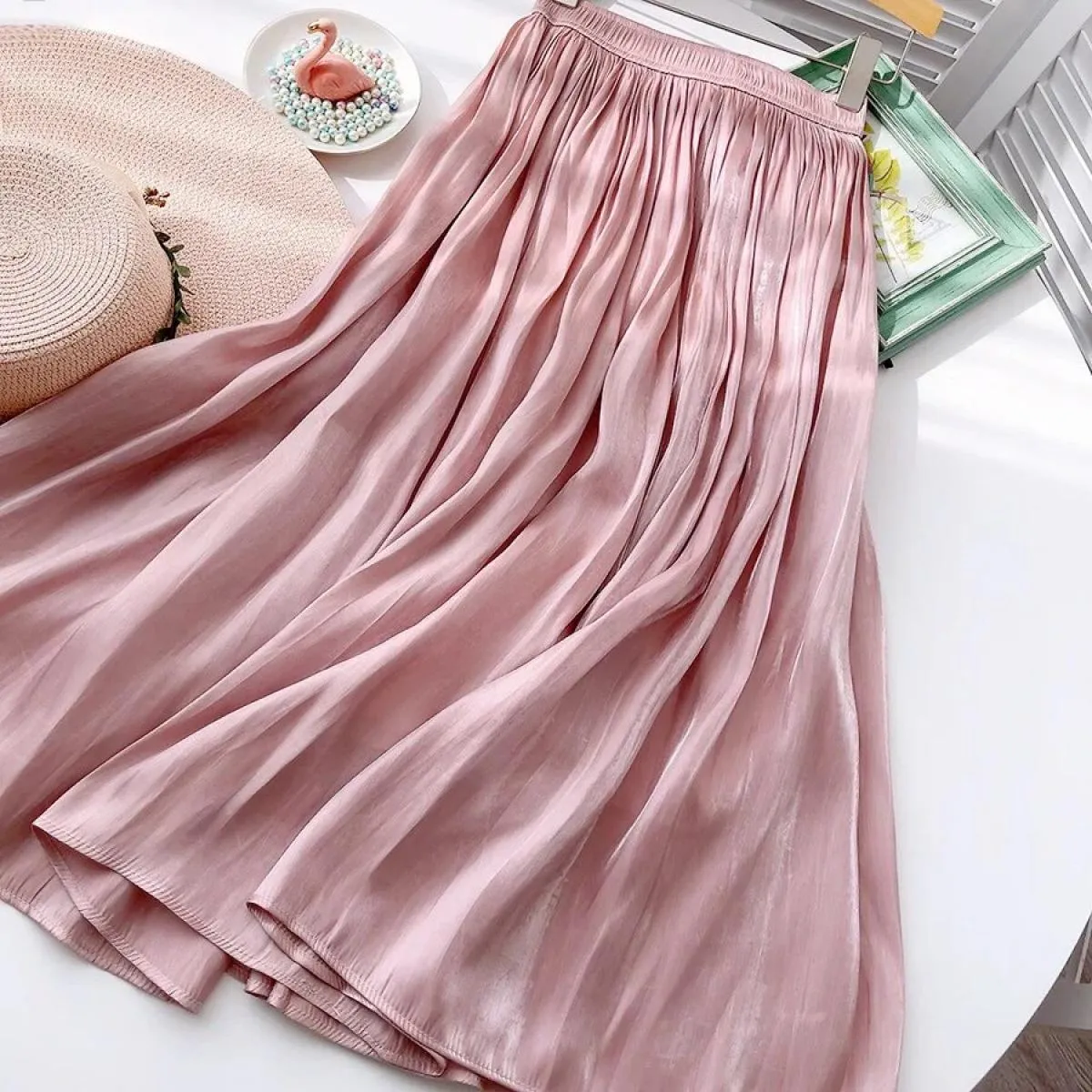 Gonna a pieghe morbida e sottile primavera estate per le donne Gonna midi lunga a vita alta Aline Gonna maxi Boho solida femmini