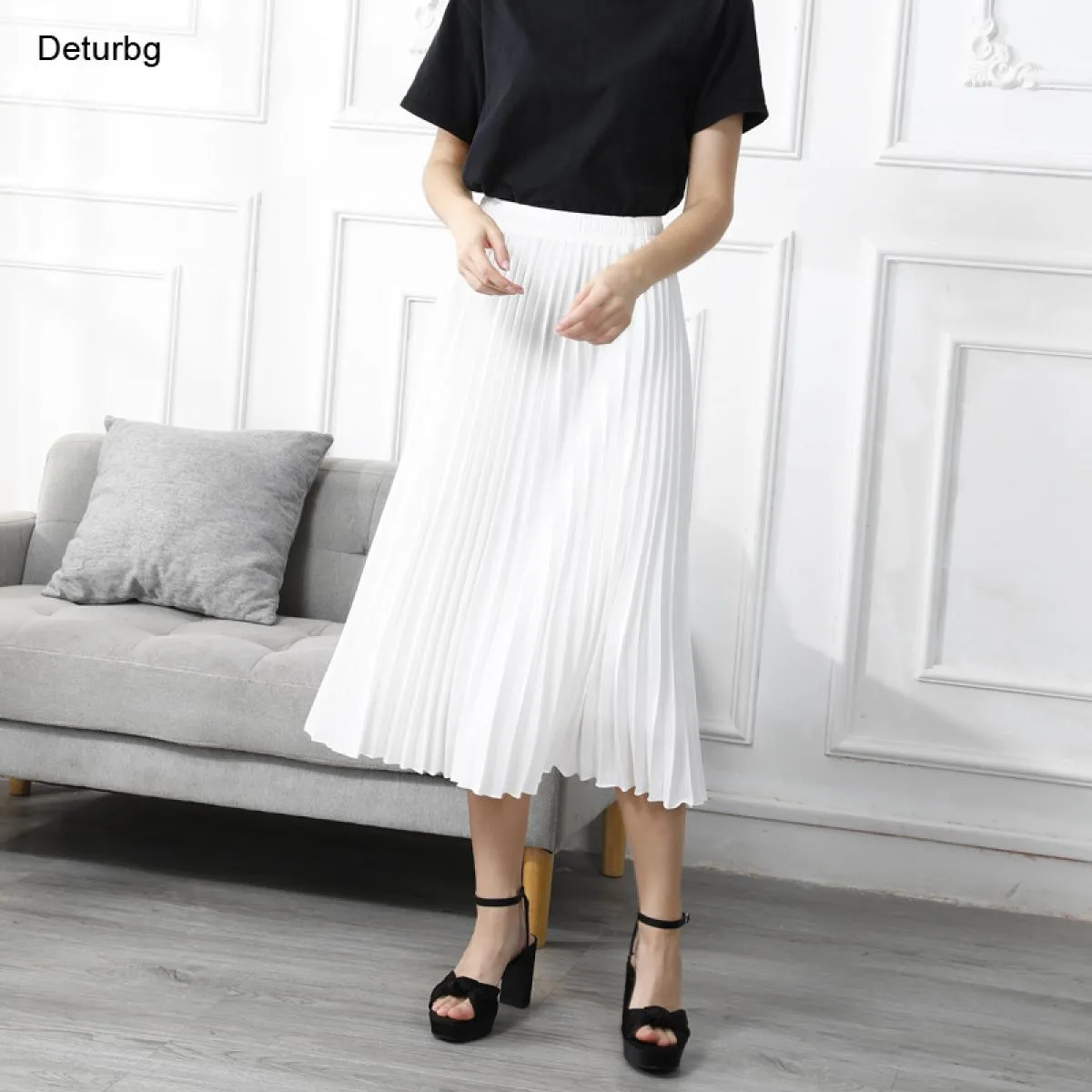 Gonna a pieghe vintage da donna di alta qualità Gonna a vita alta in chiffon bianco lungo A Line Gonne Faldas Autunno Sk947skirt