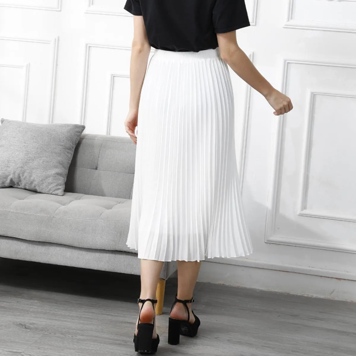 Gonna a pieghe vintage da donna di alta qualità Gonna a vita alta in chiffon bianco lungo A Line Gonne Faldas Autunno Sk947skirt