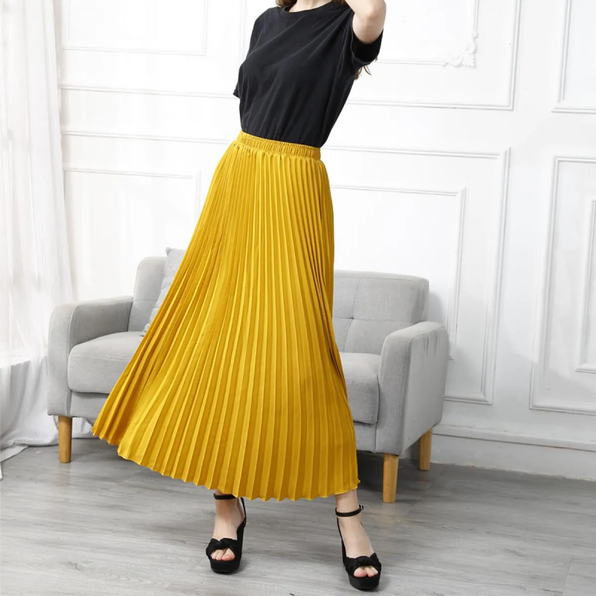 Gonna a pieghe vintage da donna di alta qualità Gonna a vita alta in chiffon bianco lungo A Line Gonne Faldas Autunno Sk947skirt