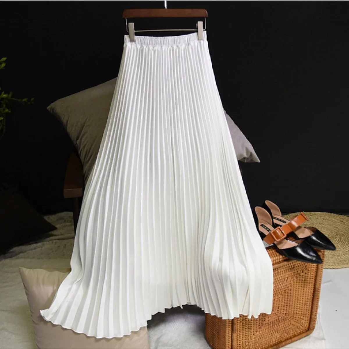 Gonna a pieghe vintage da donna di alta qualità Gonna a vita alta in chiffon bianco lungo A Line Gonne Faldas Autunno Sk947skirt