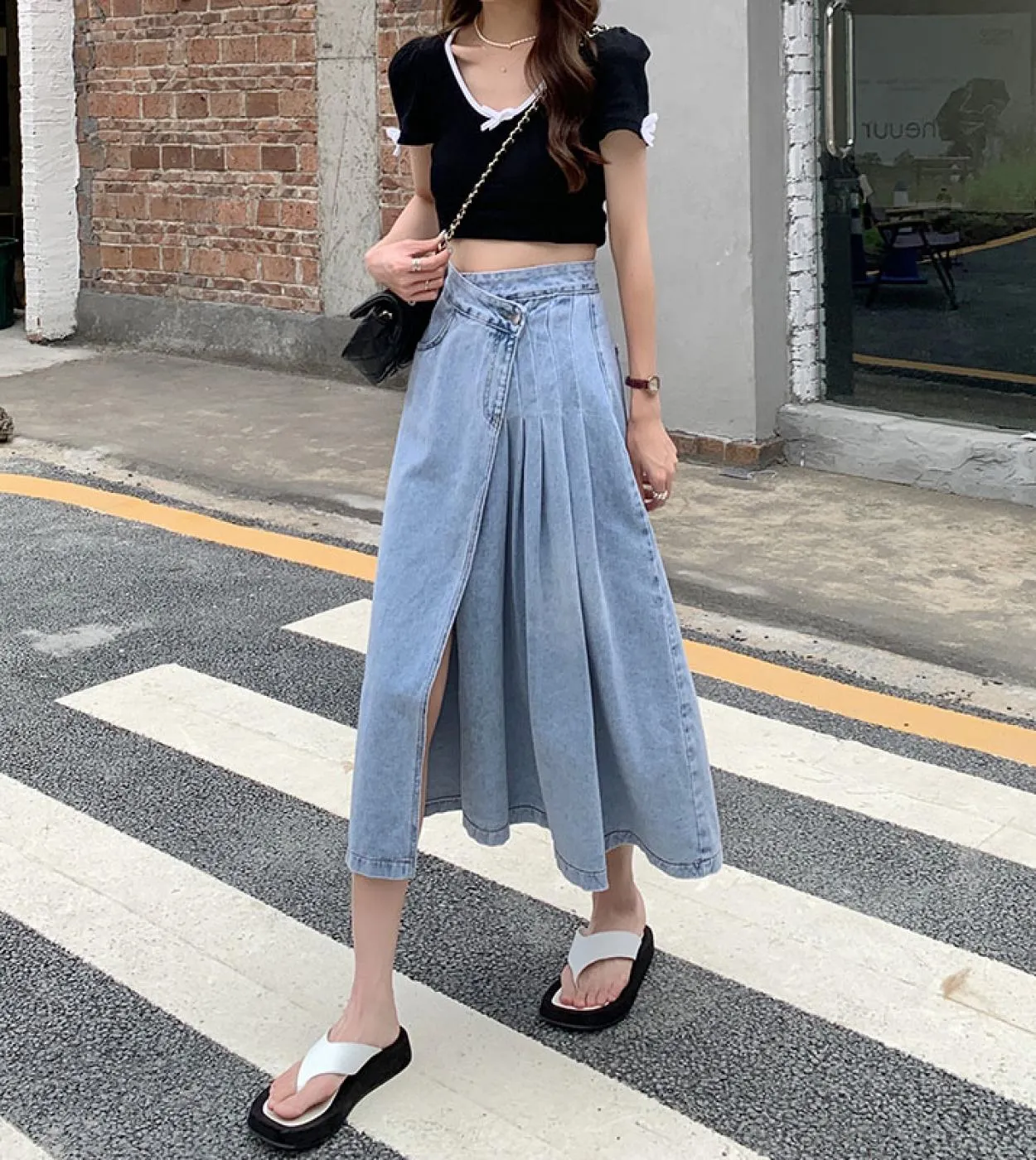 Gonna di jeans blu Donna Gonna di jeans lunga irregolare stile 2023 Gonna a vita alta Una linea Gonne a pieghe lunghe per donna