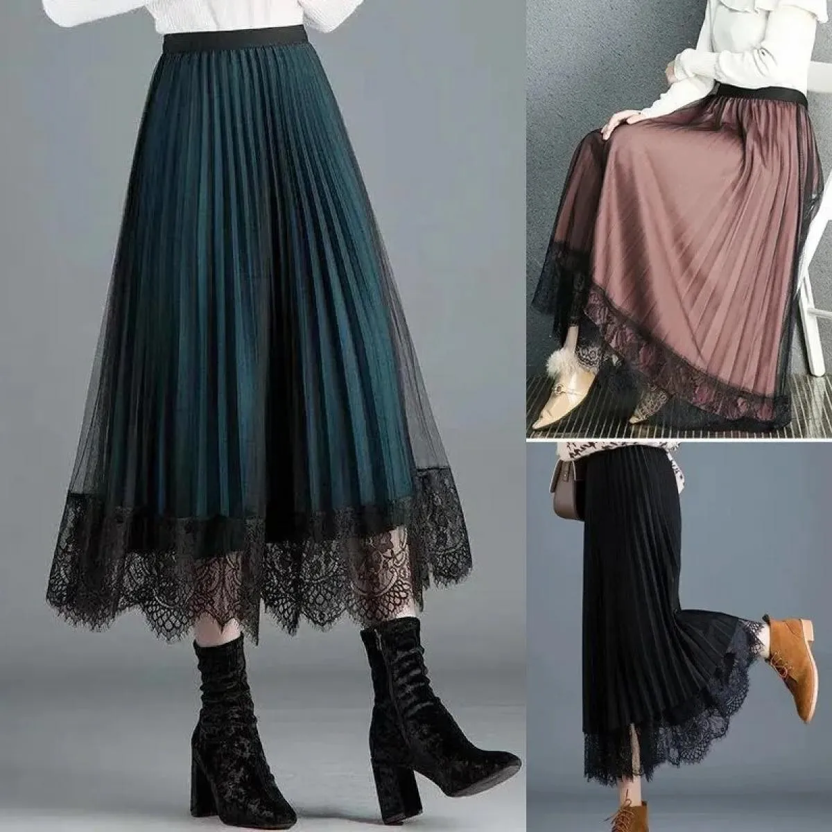 Gonna elegante in tulle da donna stile moda maglia A Line gonna a pieghe da donna estate chic a vita alta nera da sera per feste