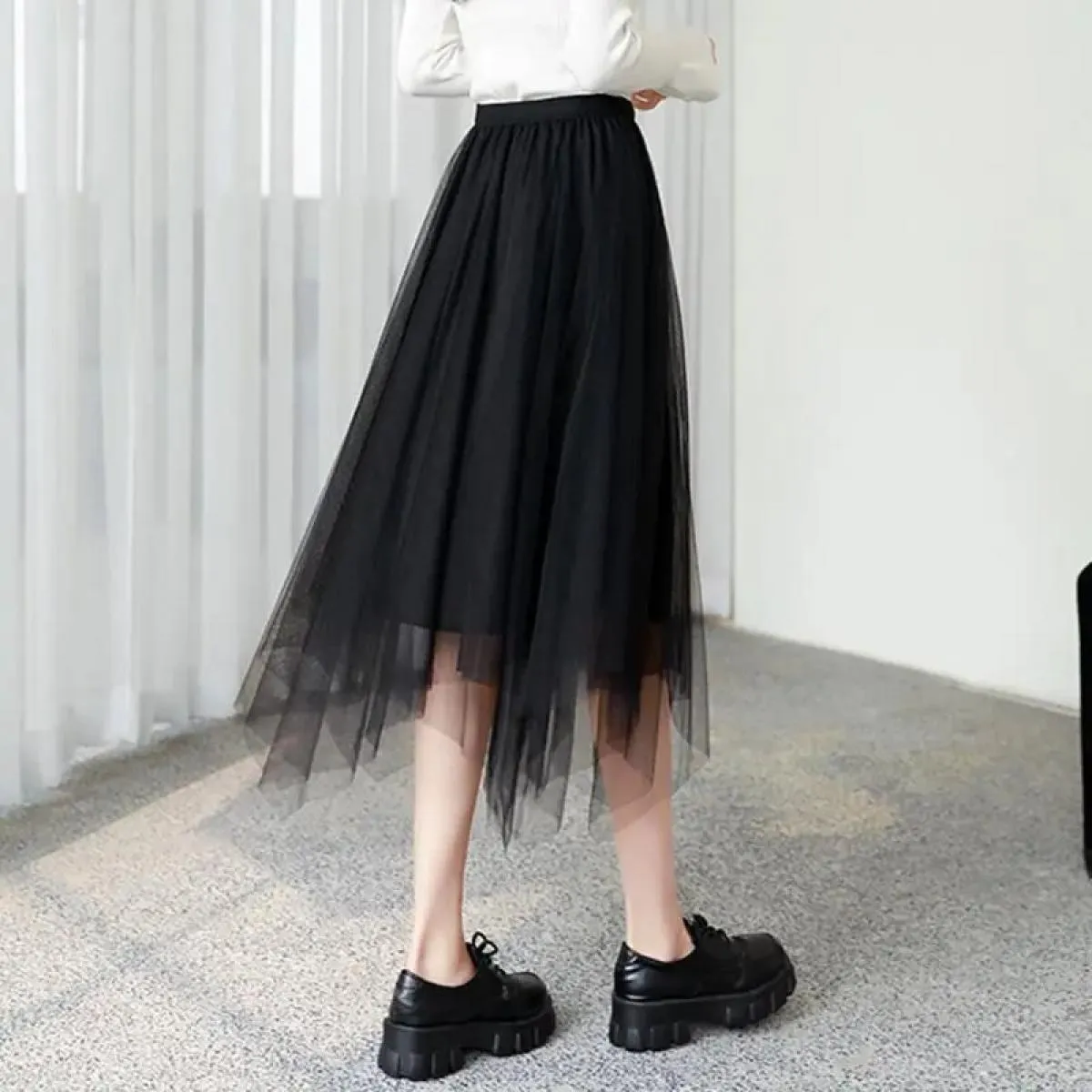 Gonna in tulle vintage da donna gonne a pieghe in rete elastica a vita alta elegante gonna asimmetrica da donna da ufficio a lin