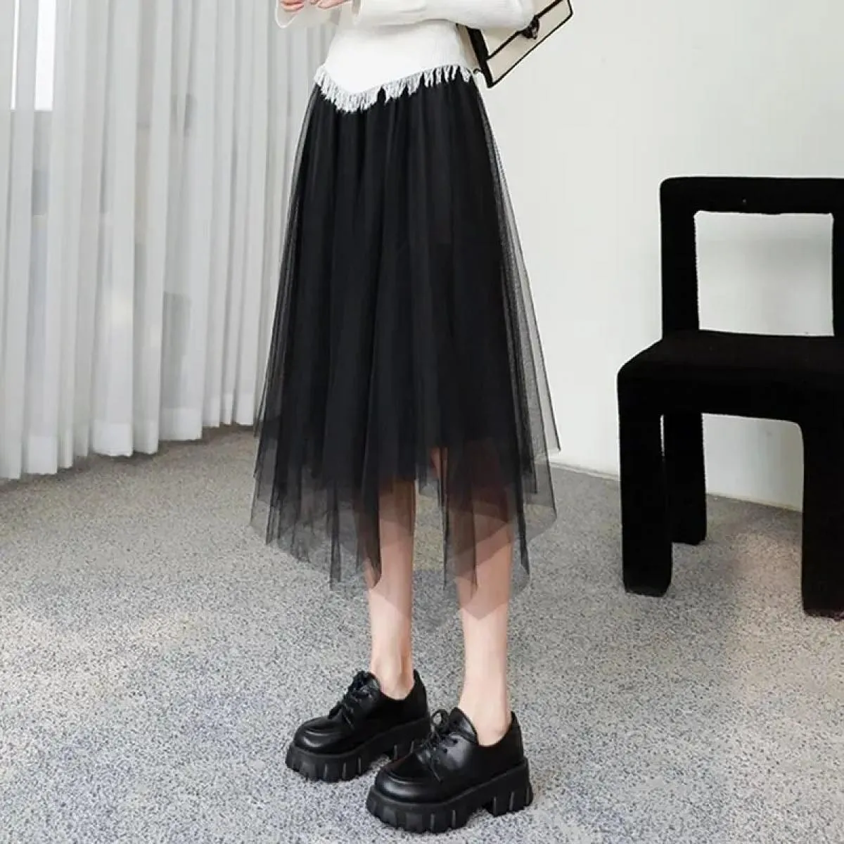 Gonna in tulle vintage da donna gonne a pieghe in rete elastica a vita alta elegante gonna asimmetrica da donna da ufficio a lin