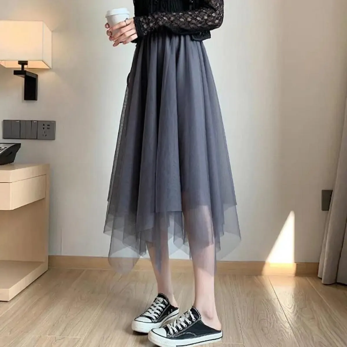 Gonna in tulle vintage da donna gonne a pieghe in rete elastica a vita alta elegante gonna asimmetrica da donna da ufficio a lin