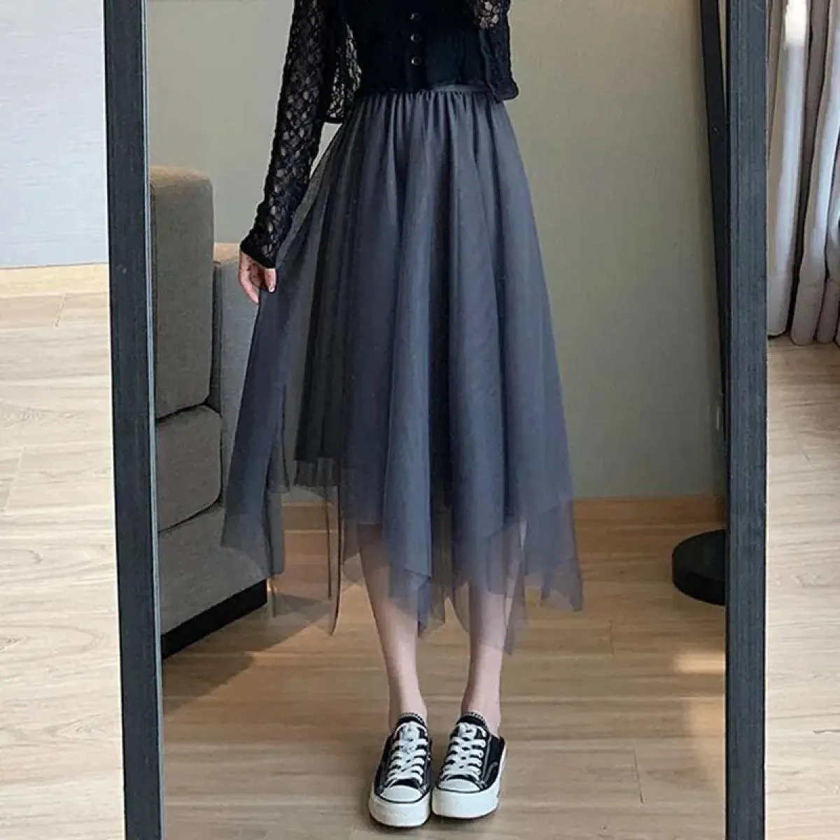 Gonna in tulle vintage da donna gonne a pieghe in rete elastica a vita alta elegante gonna asimmetrica da donna da ufficio a lin