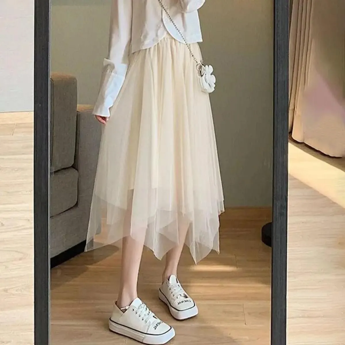 Gonna in tulle vintage da donna gonne a pieghe in rete elastica a vita alta elegante gonna asimmetrica da donna da ufficio a lin