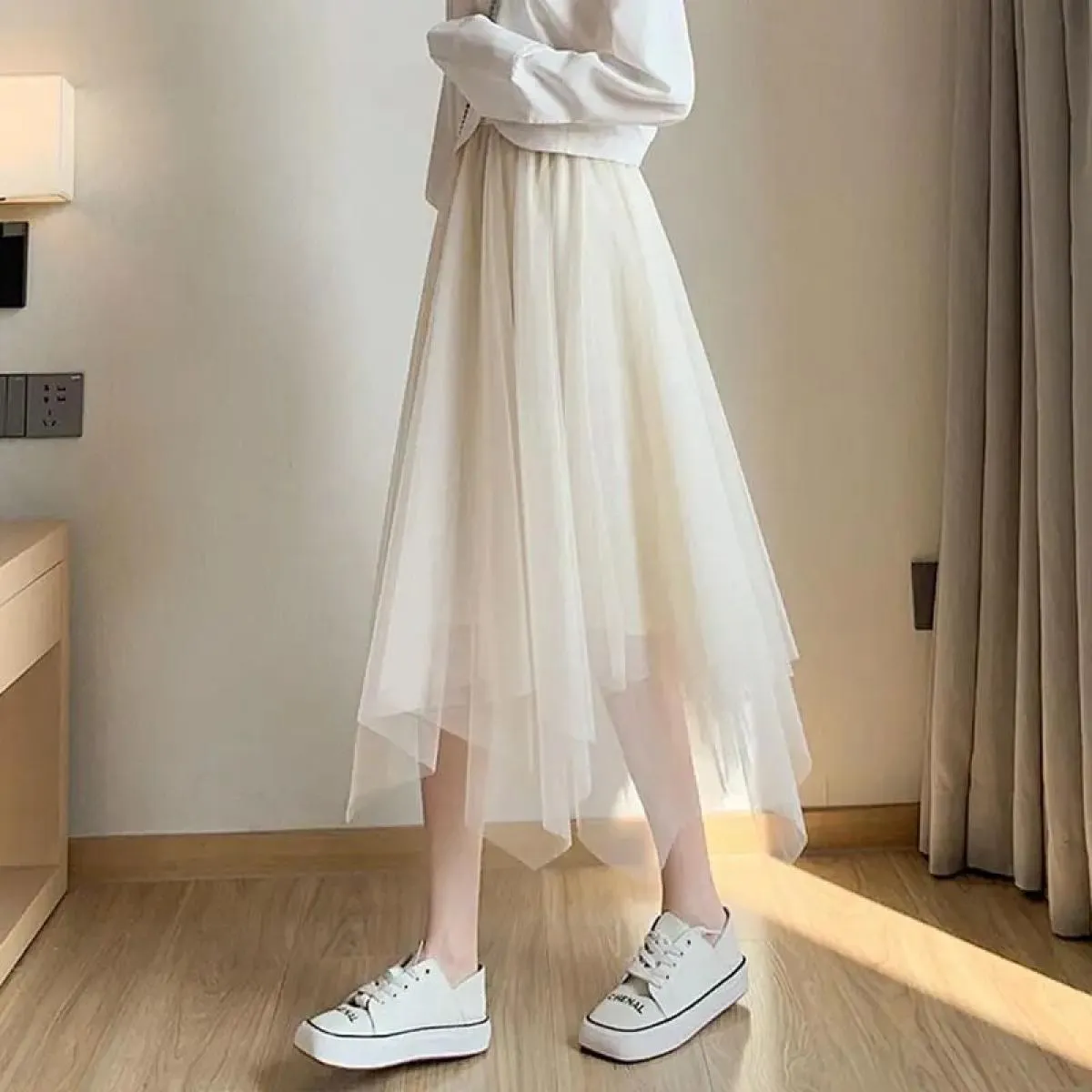 Gonna in tulle vintage da donna gonne a pieghe in rete elastica a vita alta elegante gonna asimmetrica da donna da ufficio a lin