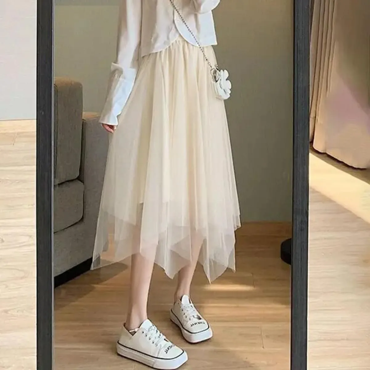 Gonna in tulle vintage da donna gonne a pieghe in rete elastica a vita alta elegante gonna asimmetrica da donna da ufficio a lin