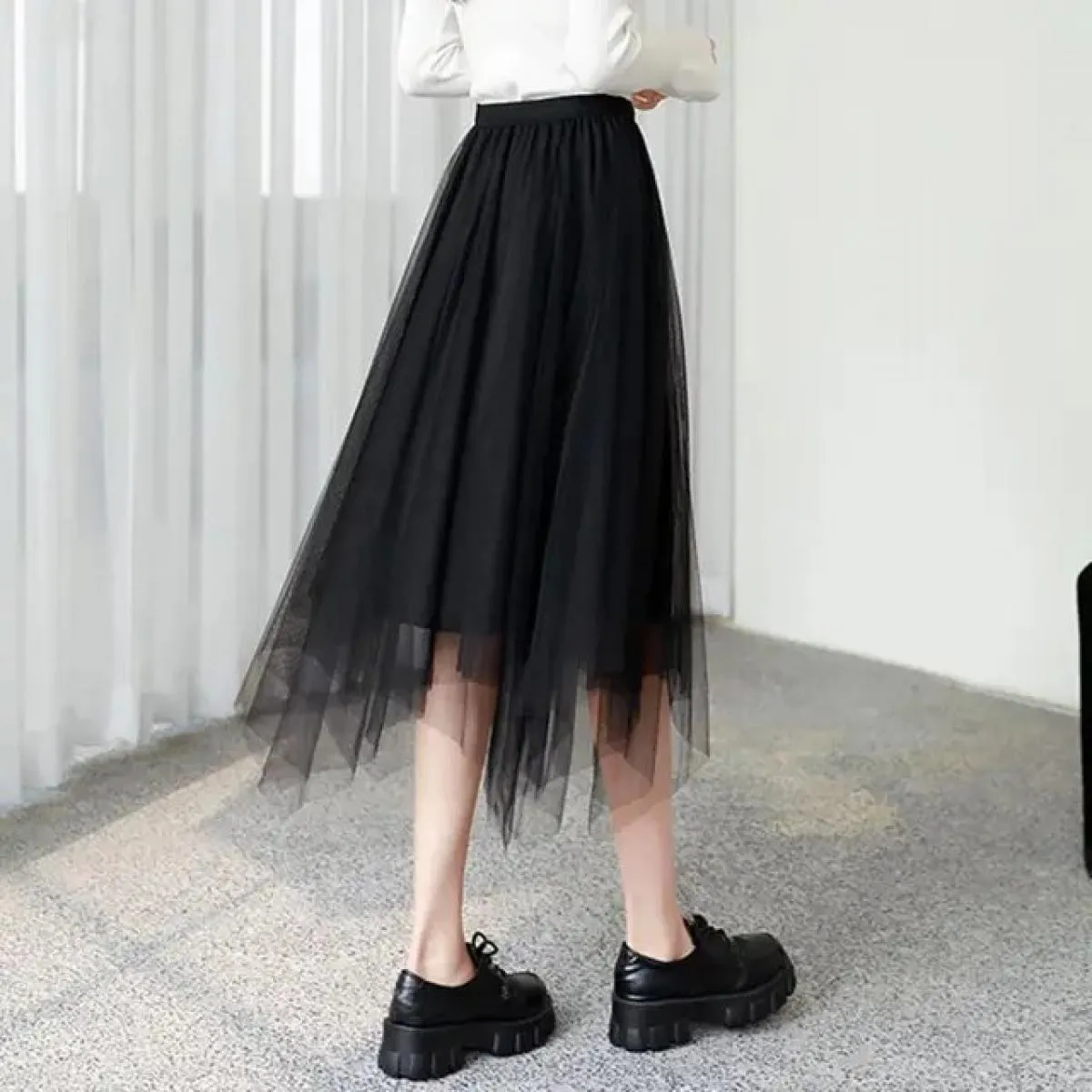 Gonna in tulle vintage da donna gonne a pieghe in rete elastica a vita alta elegante gonna asimmetrica da donna da ufficio a lin