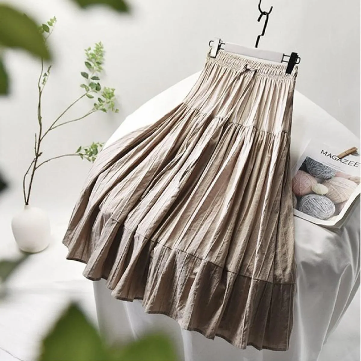 Gonna longuette in cotone a righe verticali eleganti da donna Gonna longuette a pieghe a vita alta femminile bianca Aline Estate