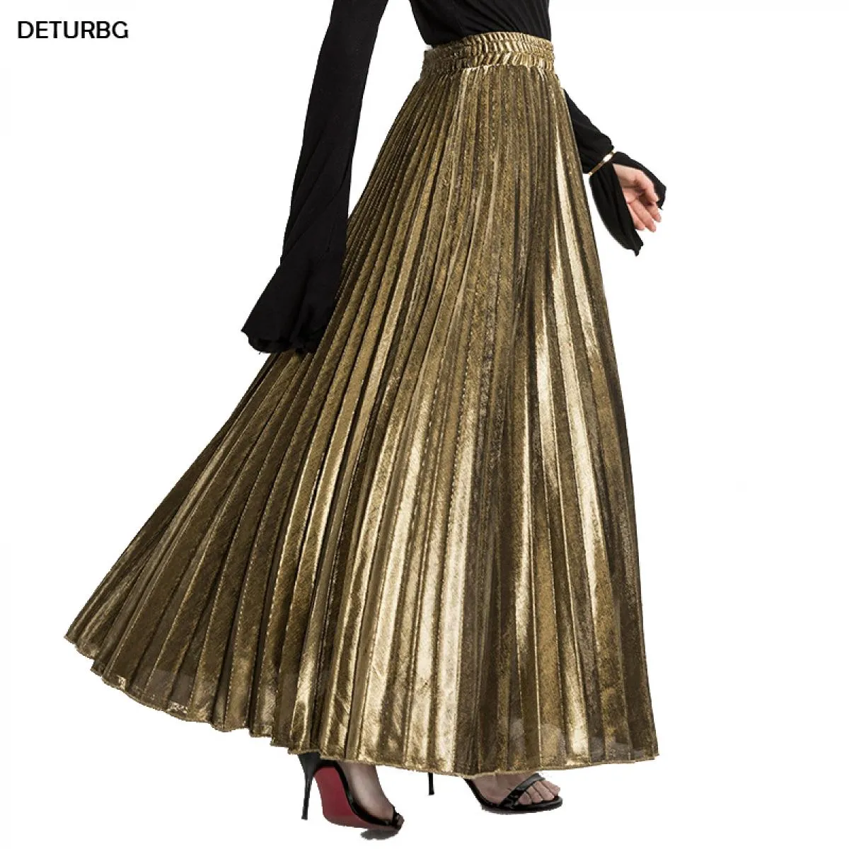 Gonna lunga a pieghe color oro Gonna lunga da donna Gonne lunghe color metallo oro Gonne da donna